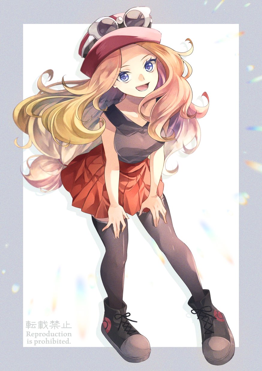 1girl black_footwear black_pantyhose blonde_hair blue_eyes border breasts commentary_request eyelashes eyewear_on_headwear full_body grey_border hands_on_own_thighs highres leaning_forward long_hair looking_at_viewer open_mouth outside_border pantyhose poke_ball_print pokemon pokemon_xy red_headwear serena_(pokemon) shoes simple_background smile solo standing sunglasses white_background yomogi_(black-elf)