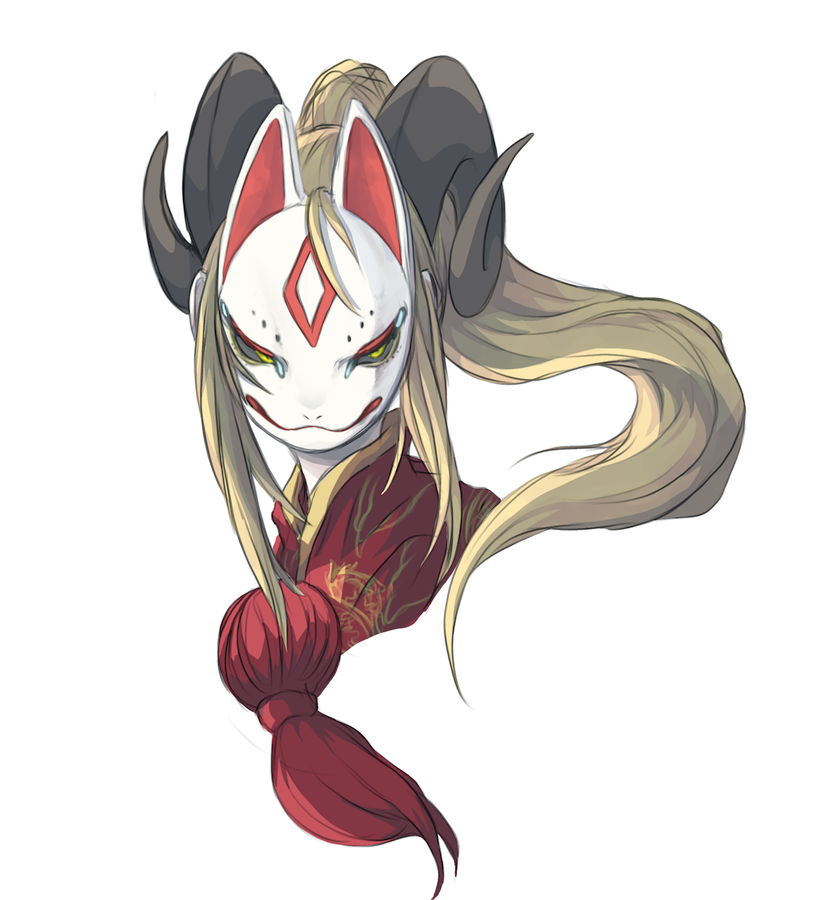 1girl 4138 ascot black_sclera blonde_hair colored_sclera covering_face cropped_shoulders curled_horns floating_hair fox_mask horns long_hair looking_at_viewer mask original ponytail red_ascot simple_background solo white_background yellow_eyes