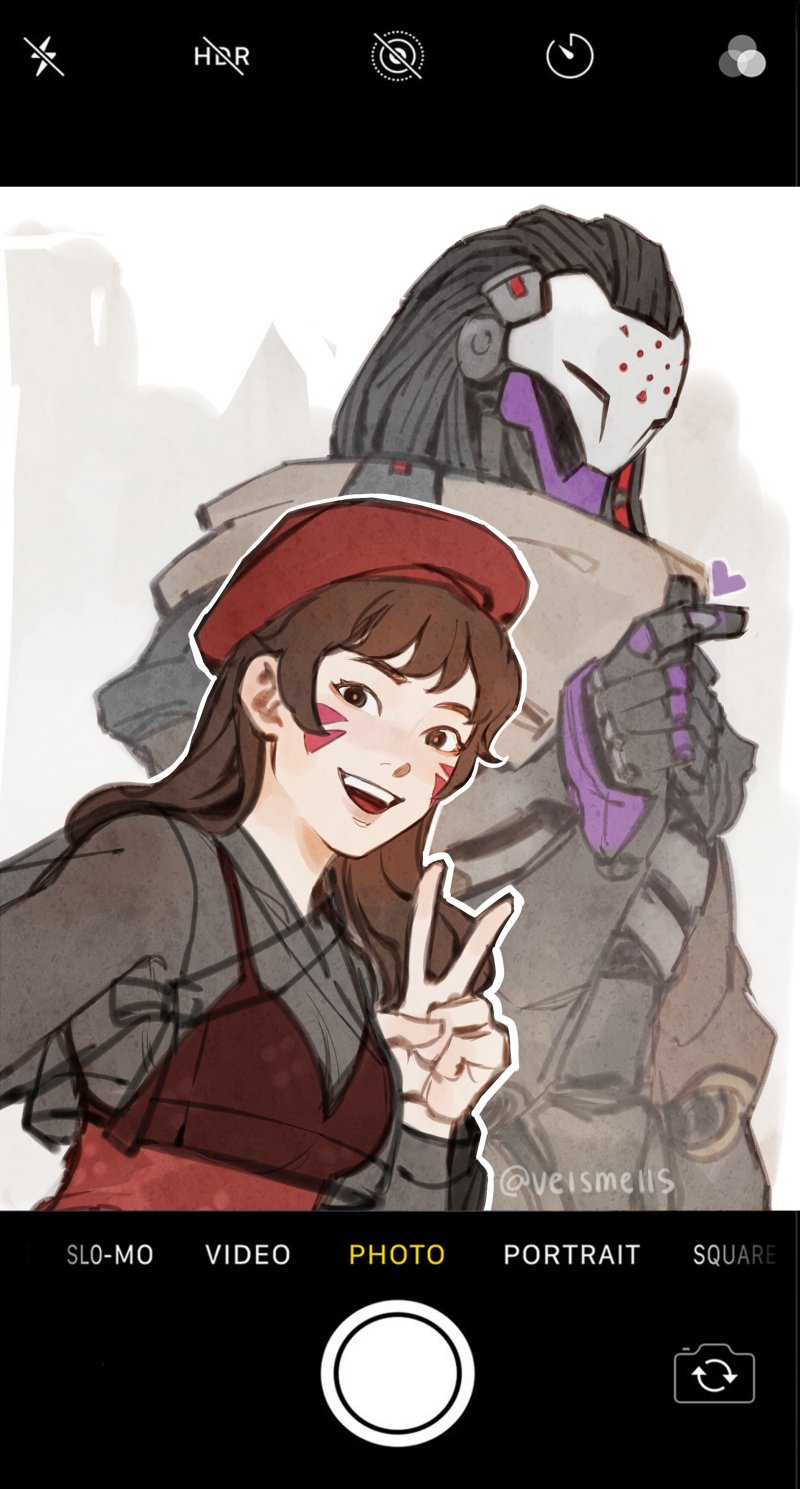 1boy 1girl beret black_hair casual commentary crop_top d.va_(overwatch) dress english_commentary facial_mark fashion finger_heart hat heart height_difference highres long_hair overwatch overwatch_2 ramattra_(overwatch) red_dress red_headwear see-through see-through_shirt selfie variant_set velinxi whisker_markings