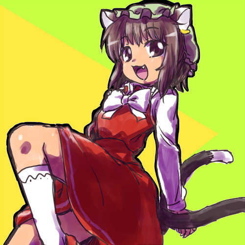 1girl :d animal_ear_piercing animal_ears bow bowtie breasts brown_eyes brown_hair cat_ears cat_tail chen commentary_request dress earrings fang feet_out_of_frame green_background green_headwear happy hat jewelry knee_up kneehighs long_sleeves looking_at_viewer lowres mob_cap multiple_tails nekomata open_mouth raino red_dress short_hair simple_background single_earring small_breasts smile socks solo tail touhou two_tails white_bow white_bowtie white_socks yellow_background