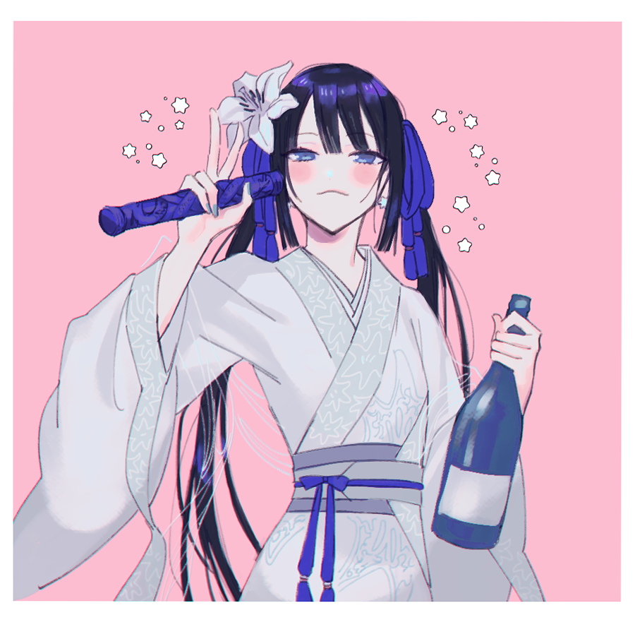 1girl alternate_hairstyle blue_eyes blue_hair blue_ribbon blush border bottle chinese_clothes closed_mouth dark_blue_hair drunk fate/grand_order fate_(series) flower glass_bottle hair_flower hair_ornament hair_ribbon hanfu holding holding_bottle jing_ke_(fate) kanitama_(putyourhead) long_hair long_sleeves looking_at_viewer pink_background ribbon sash scroll_tube simple_background solo twintails upper_body v white_border wide_sleeves