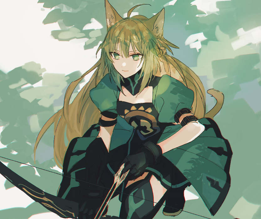 1girl ahoge animal_ears arm_belt arrow_(projectile) atalanta_(fate) black_gloves black_thighhighs blonde_hair bow_(weapon) cat_ears cat_tail cleavage_cutout closed_mouth clothing_cutout dress fate/apocrypha fate_(series) full_body garter_straps gloves gradient_hair green_background green_dress green_eyes green_hair holding holding_bow_(weapon) holding_weapon kanitama_(putyourhead) long_hair looking_ahead multicolored_hair print_dress puffy_short_sleeves puffy_sleeves short_sleeves solo squatting tail thigh-highs weapon