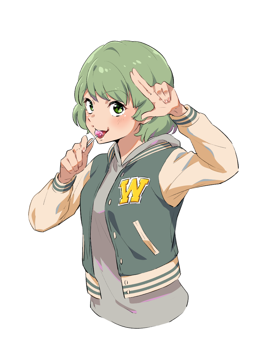 1girl blush candy chupa_chups commentary_request edomon-do food green_eyes green_hair highres holding holding_candy holding_food jacket letterman_jacket lollipop long_sleeves looking_at_viewer mona_lisa_no_zaregoto short_hair simple_background solo upper_body wasabi_(mona_lisa_no_zaregoto) white_background