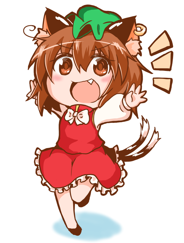 1girl :d animal_ear_fluff animal_ear_piercing animal_ears arms_up black_footwear blush bow bowtie brown_eyes brown_hair cat_ears cat_tail chen chibi commentary_request earrings fang frills full_body green_headwear hair_between_eyes happy hat jewelry long_sleeves looking_at_viewer mob_cap multiple_tails nekomata no_socks notice_lines petticoat puffy_long_sleeves puffy_sleeves red_skirt red_vest shadow shiromamekei shoes short_hair simple_background single_earring skirt skirt_set smile solo standing standing_on_one_leg tail touhou two_tails v-shaped_eyebrows vest white_background white_bow white_bowtie