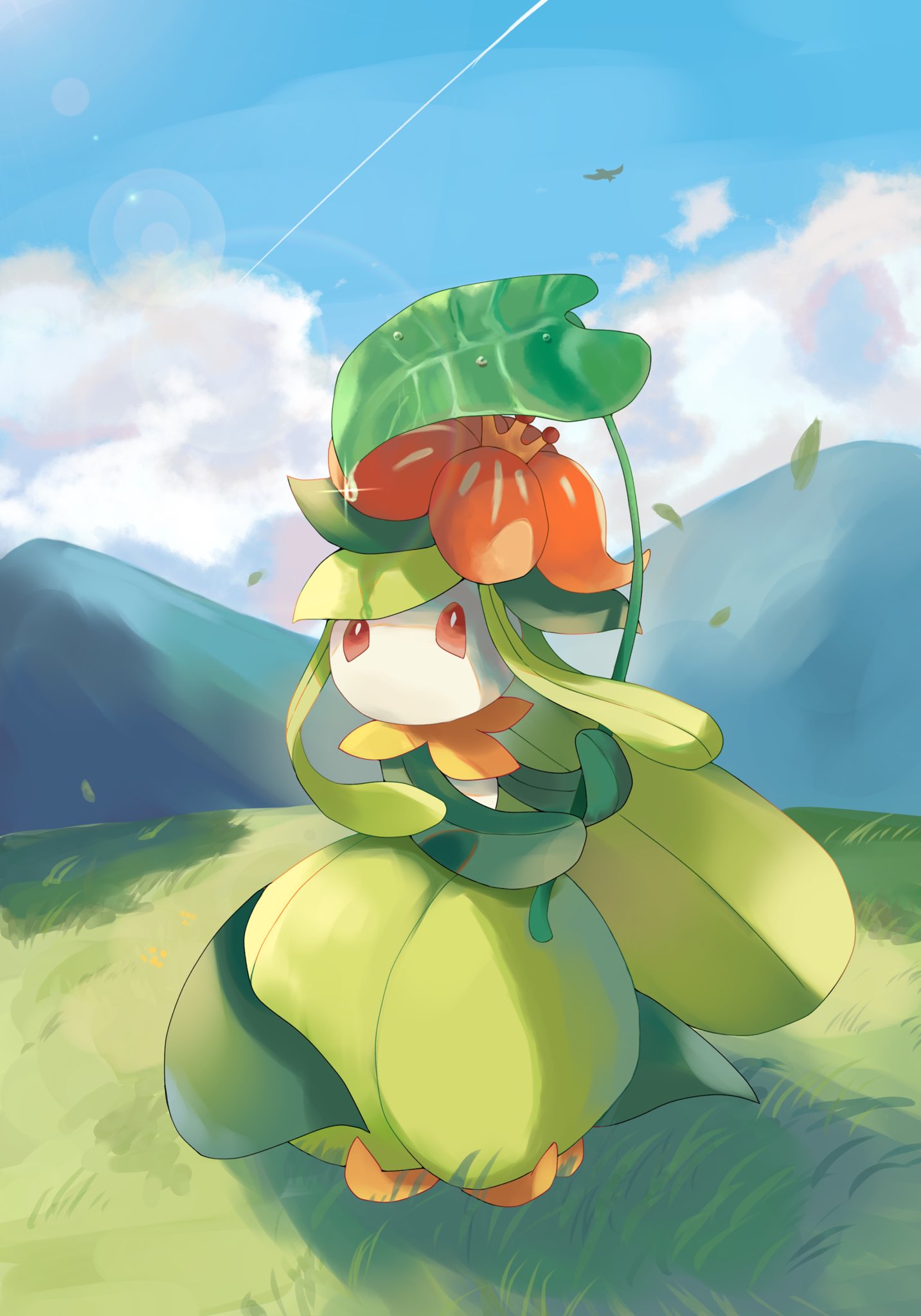 artist_name blue_sky bright_pupils clouds colored_skin crown falling_leaves flower glint highres leaf lilligant mountain no_humans on_grass pokemon pokemon_(creature) red_eyes rongai28 sky twitter_username white_skin