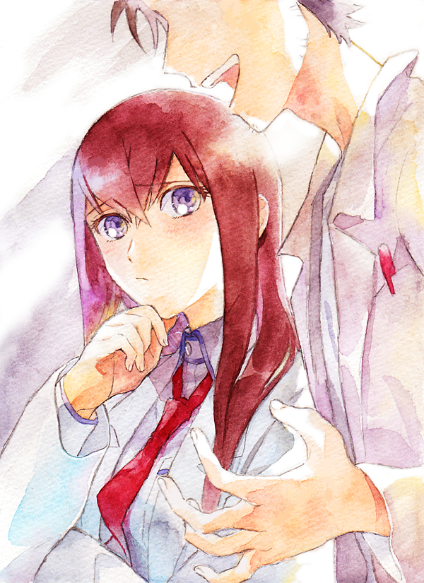 1boy 1girl :d black_hair breast_pocket closed_mouth collared_shirt dress_shirt head_out_of_frame lab_coat long_hair long_sleeves looking_at_another makise_kurisu necktie okabe_rintarou open_mouth painting_(medium) pen_in_pocket pocket red_necktie redhead rocni shirt short_hair smile steins;gate straight_hair traditional_media violet_eyes watercolor_(medium) white_shirt wing_collar