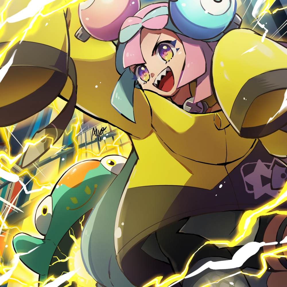 1girl :d ayo_(ayosanri009) bellibolt bow-shaped_hair character_hair_ornament commentary_request electricity green_hair hair_ornament happy iono_(pokemon) jacket long_hair open_mouth pink_hair pokemon pokemon_(creature) pokemon_sv sharp_teeth signature sleeves_past_fingers sleeves_past_wrists smile star_(symbol) star_print teeth upper_teeth_only violet_eyes yellow_jacket
