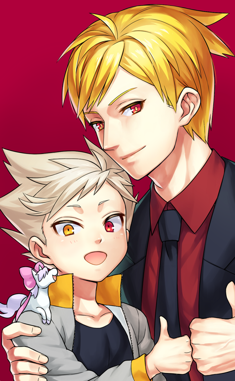 2boys ahoge black_jacket black_necktie black_shirt blazer blonde_hair bow closed_mouth collarbone commentary_request dave_strider dirk_strider father_and_son grey_jacket hair_bow hand_on_another's_head heterochromia homestuck horse jacket light_blush long_sleeves looking_at_viewer male_focus maplehoof minimized multiple_boys necktie nijuu no_eyewear open_mouth pink_bow red_background red_eyes red_shirt shirt short_hair simple_background smile thumbs_up upper_body white_hair yellow_eyes