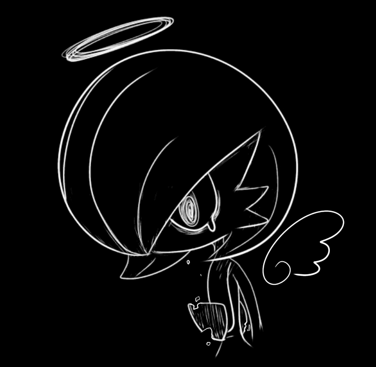1girl a_(pixiv_72325308) angel arms_at_sides bags_under_eyes black_background black_theme bob_cut broken chinese_commentary commentary_request cropped_torso detached_wings flat_chest gardevoir greyscale hair_over_one_eye halo lineart mini_wings monochrome one_eye_covered pokemon pokemon_(creature) sad short_hair simple_background sketch solo tears upper_body wings