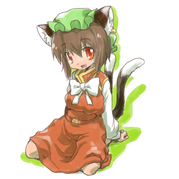 1girl :d animal_ear_fluff animal_ear_piercing animal_ears arm_support bow bowtie breasts brown_hair cat_ears cat_tail chen colored_shadow commentary_request drop_shadow earrings fang full_body gold_trim green_headwear hair_between_eyes hat jewelry looking_at_viewer medium_breasts mob_cap multiple_tails nekomata raino red_eyes red_skirt red_vest shadow short_hair simple_background single_earring sitting skirt skirt_set smile solo tail touhou two_tails vest wariza white_background white_bow white_bowtie