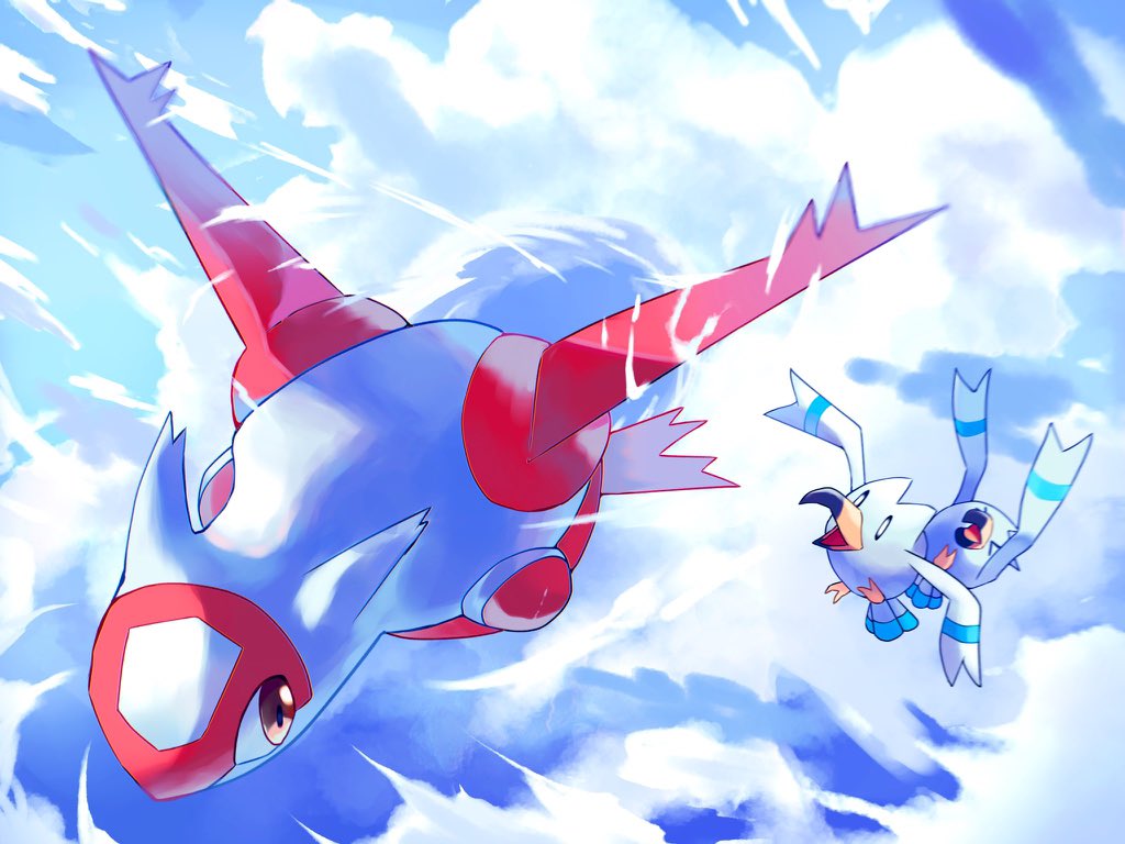 &gt;_&lt; beak bird bird_tail black_eyes blue_sky brown_eyes clouds colored_skin commentary_request latias multicolored_skin no_humans pokemon pokemon_(creature) red_skin rongai28 seagull sky tail two-tone_skin white_skin wings wingull