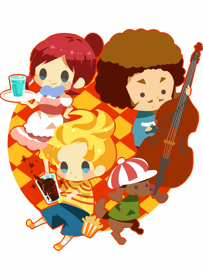 1girl 2girls afro animal blonde_hair blue_bow blue_shirt blue_shorts blush_stickers boney bow bow_(music) brown_footwear brown_hair cello checkered_background clothed_animal dog dress drink duster_(mother) facial_hair food french_fries green_shirt hitofutarai holding holding_bow_(music) holding_plate instrument kumatora lucas_(mother_3) midriff_peek mother_(game) mother_3 multiple_girls mustache orange_footwear pink_dress pink_footwear plate shirt shoes short_sleeves shorts smile soda solid_circle_eyes solid_oval_eyes striped striped_headwear striped_shirt white_background