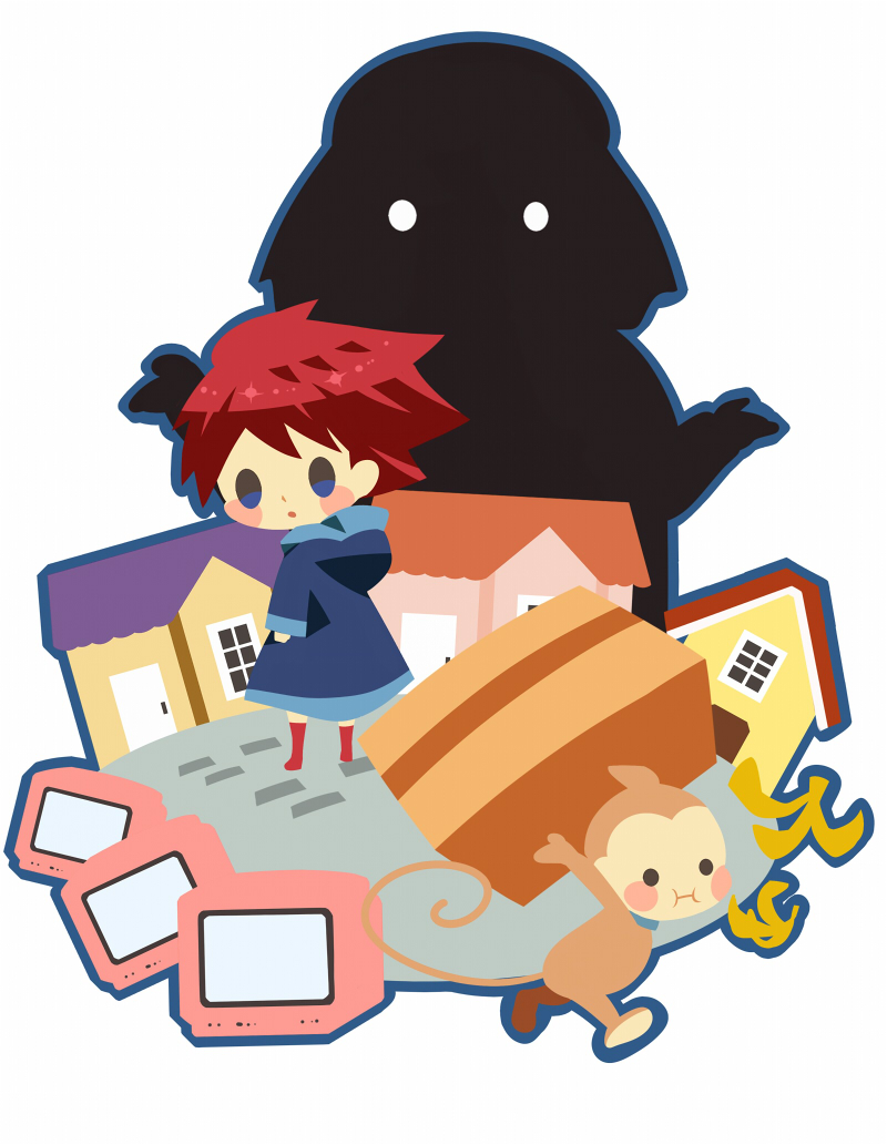 1boy 1girl animal arms_at_sides banana_peel blue_dress blue_outline blush_stickers box cardboard_box crt dress hitofutarai holding hooded_dress kumatora long_sleeves looking_back monkey mother_(game) mother_3 open_mouth outline red_footwear redhead salsa_(mother) short_hair silhouette standing white_background yokuba