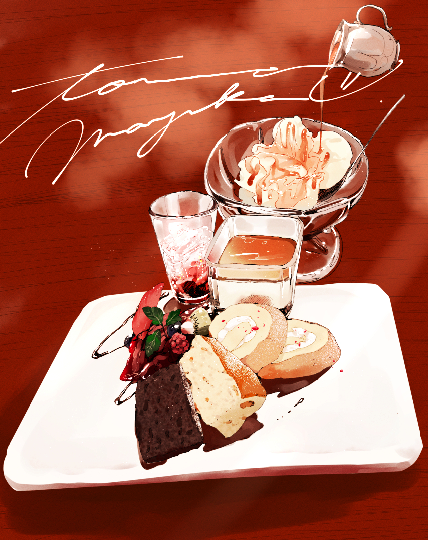 cake chocolate_cake chocolate_syrup food food_focus fruit glass ice_cream no_humans original plate pouring raspberry red_background swiss_roll tomma_mayuka