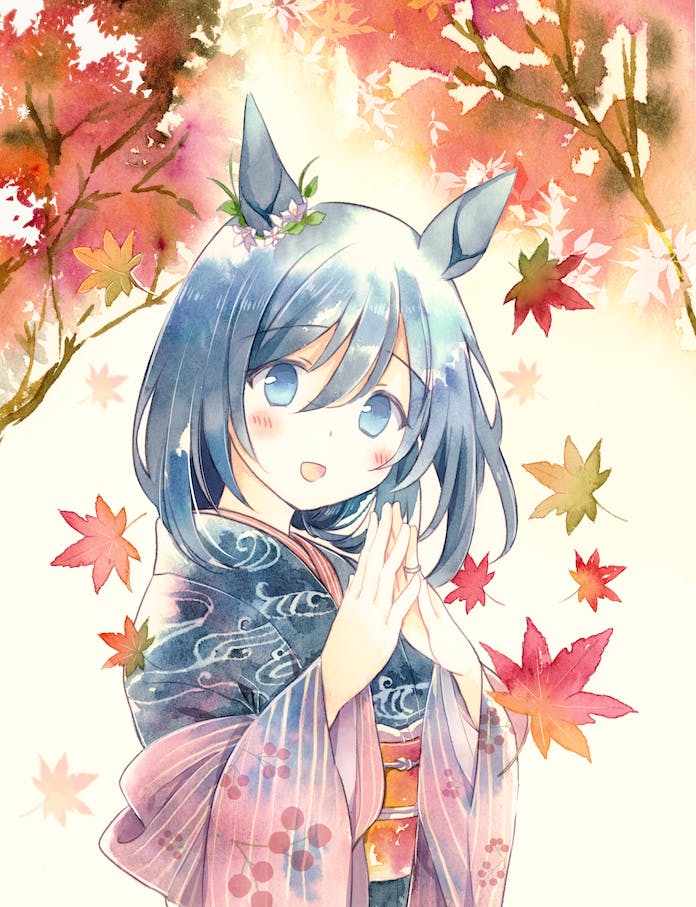 1girl :d alternate_costume alternate_hair_color animal_ears autumn_leaves blue_eyes blue_hair blue_kimono blush branch commentary_request commission ear_flower ear_ornament eishin_flash_(umamusume) falling_leaves hair_between_eyes hands_up horse_ears horse_girl japanese_clothes jewelry kimono leaf long_sleeves looking_at_viewer medium_hair mizuki_toko obi open_mouth orange_sash own_hands_together pastel_colors pink_shawl plant print_kimono ring sash shawl skeb_commission smile solo steepled_fingers tree umamusume upper_body