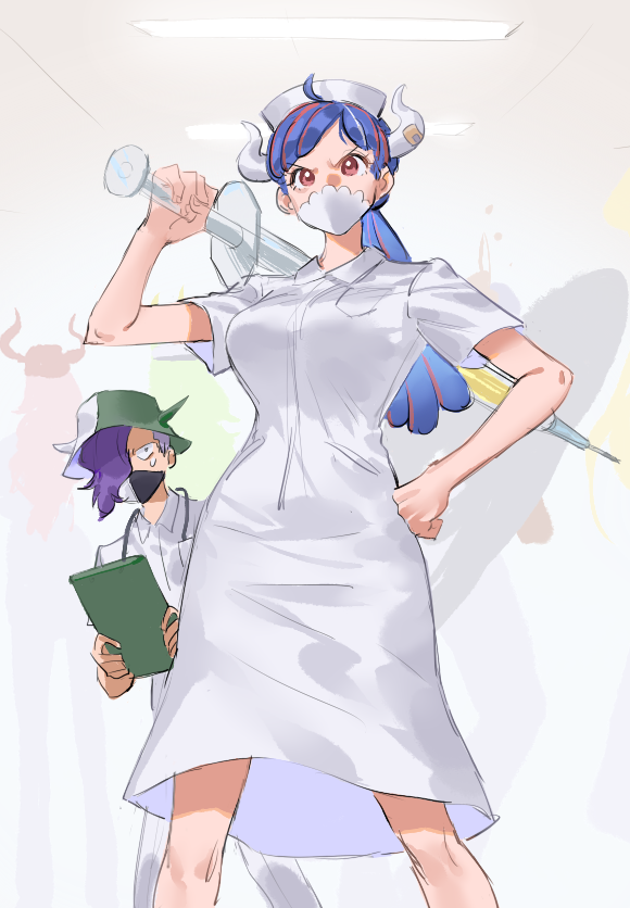 1boy 1girl ahoge alternate_costume bandaid_on_horn blue_hair brother_and_sister clipboard covered_mouth curled_horns dinosaur_girl hair_over_one_eye hat holding holding_clipboard holding_syringe horns horns_through_headwear large_syringe mask mouth_mask multicolored_hair nurse nurse_cap one_piece oversized_object page_one_(one_piece) pink_eyes pink_hair ponytail purple_hair raine_(acke2445) siblings streaked_hair sweatdrop syringe two-tone_headwear ulti_(one_piece) white_mask