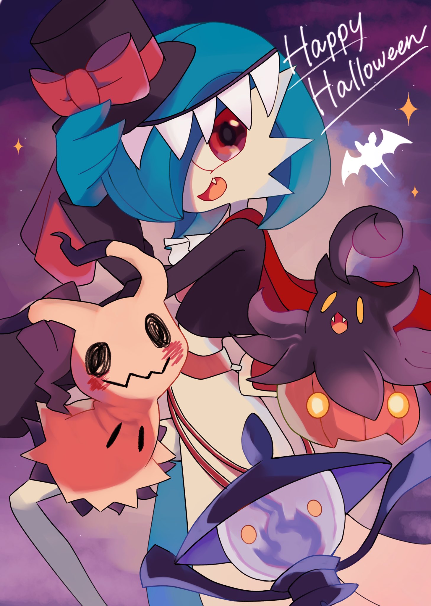 alternate_color bat_(animal) black_headwear blue_hair bow clouds colored_skin commentary_request fang fangs fire gardevoir halloween happy_halloween hat highres lampent mimikyu open_mouth pokemon pokemon_(creature) pumpkaboo purple_fire purple_sky red_bow red_eyes rongai28 shiny_pokemon sky solid_oval_eyes sparkle tail top_hat wavy_mouth white_skin yellow_eyes