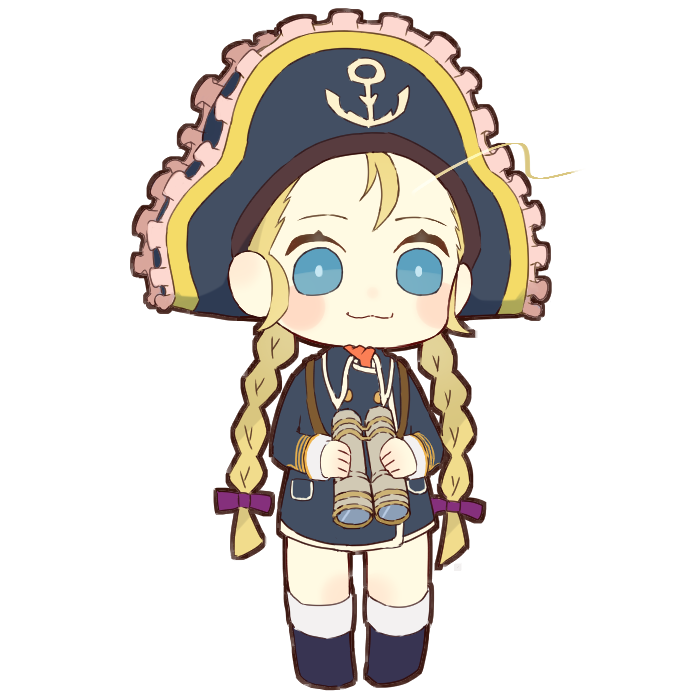 1girl :3 binoculars blonde_hair blue_eyes blue_shirt braid closed_mouth commentary eyelashes full_body hat holding holding_binoculars long_hair low-tied_long_hair patty_fleur pirate_hat shirt simple_background smile solo standing sugara_10 symbol-only_commentary tales_of_(series) tales_of_vesperia twin_braids white_background