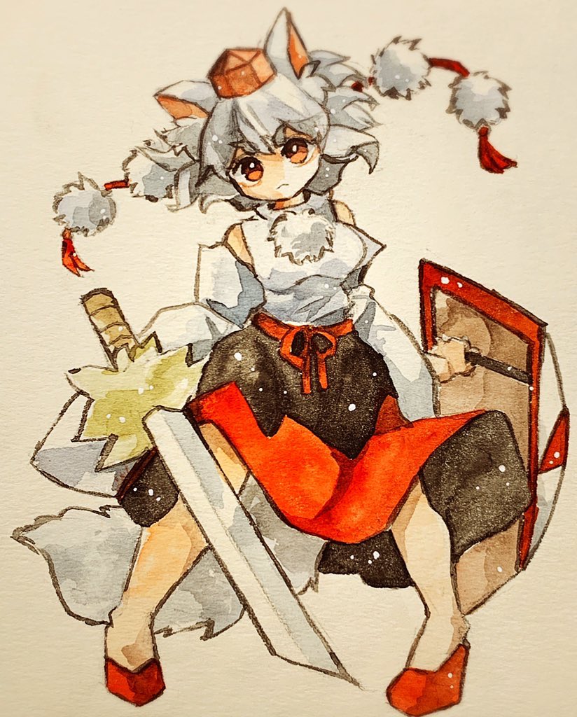 1girl black_skirt closed_mouth commentary_request detached_sleeves full_body grey_hair holding holding_shield holding_sword holding_weapon inubashiri_momiji key747h looking_at_viewer pom_pom_(clothes) red_eyes red_footwear red_skirt shield shirt short_eyebrows short_hair skirt solo sword touhou two-tone_skirt weapon white_shirt
