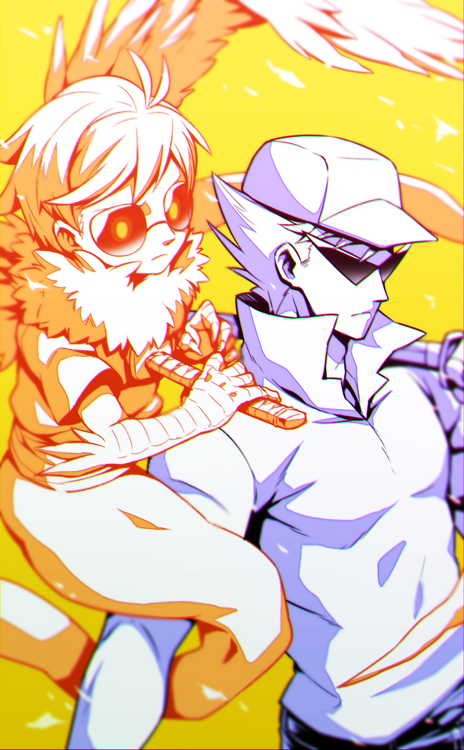 2boys animal_hands antenna_hair aviator_sunglasses bandaged_torso baseball_cap bro_strider brothers closed_mouth colored_skin commentary_request davesprite feathered_wings fur_collar ghost_tail hat high_collar holding holding_sword holding_weapon homestuck impaled katana light_frown male_focus multiple_boys muscular nijuu orange_skin orange_wings over_shoulder pants short_hair siblings simple_background sunglasses sword sword_over_shoulder talons upper_body weapon weapon_over_shoulder white_hair white_skin wings yellow_background