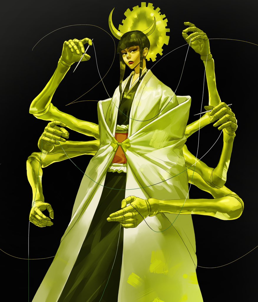 1girl arms_at_sides black_background black_eyes black_hair black_kimono bleach bleach:_sennen_kessen-hen blunt_bangs crescent crescent_hair_ornament extra_arms feet_out_of_frame flat_chest from_side green_theme hair_ornament hands_up haori headpiece hieumay holding holding_needle japanese_clothes kimono layered_clothes lipstick looking_at_viewer makeup mechanical_arms needle nose nostrils number_background red_lips sash short_hair shutara_senjumaru sidelocks simple_background solo standing string taichou_haori vignetting