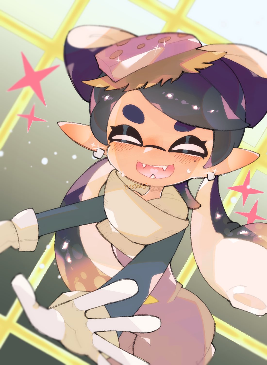 1girl 333negi artist_name black_hair bow-shaped_hair callie_(splatoon) closed_eyes commentary_request earrings fangs food food_on_head glint gloves gradient_background grey_background highres hoop_earrings jewelry long_hair mole mole_under_eye object_on_head open_mouth pointy_ears simple_background solo sparkle splatoon_(series) splatoon_3 sushi tentacle_hair thick_eyebrows twintails twitter_username white_gloves