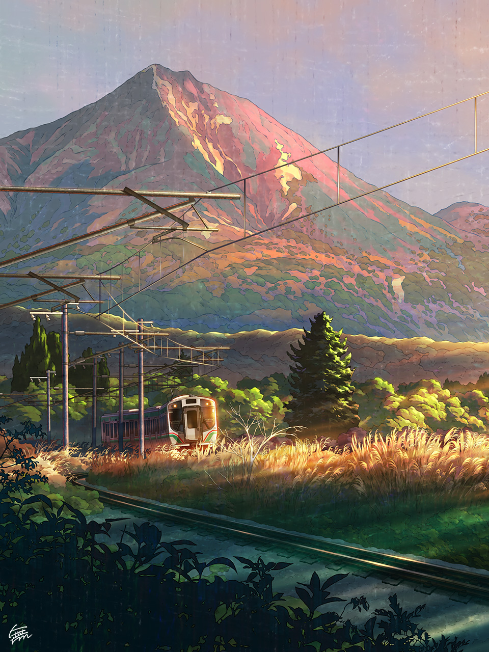 commentary_request grass highres mountain mugumo_24k no_humans original outdoors overhead_line railroad_tracks scenery shadow sunset train tree