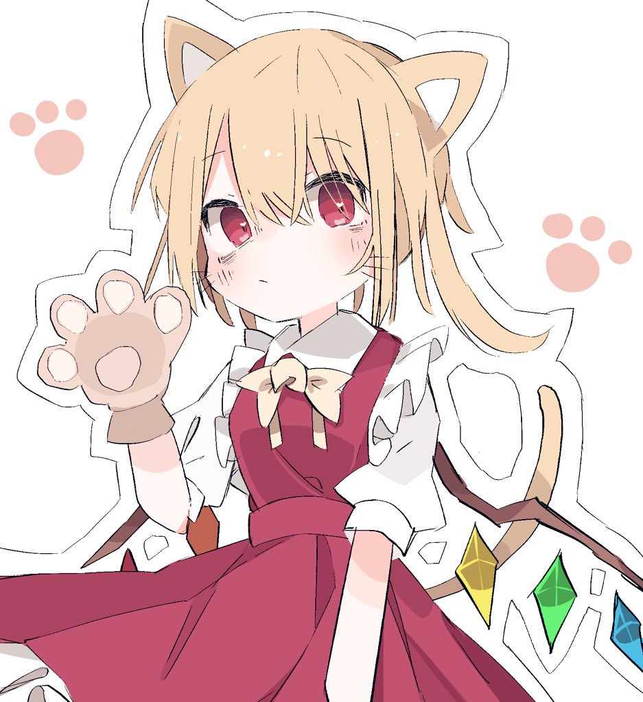 1girl animal_ears animal_hands blonde_hair cat_ears cat_girl cat_tail cowboy_shot crystal dress flandre_scarlet gloves medium_hair nacht_musik paw_gloves paw_print red_dress red_eyes simple_background solo tail touhou white_background