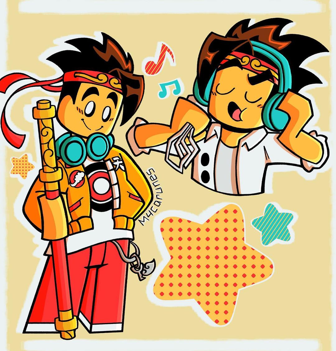bandana blue_headphones blush charm_(object) chinese_text colored_skin eighth_note headphones keychain lego m4carunes mk_(monkie_kid) monkie_kid musical_note open_mouth pants red_pants smile spiky_hair staff star_(symbol) upper_body yellow_background yellow_skin