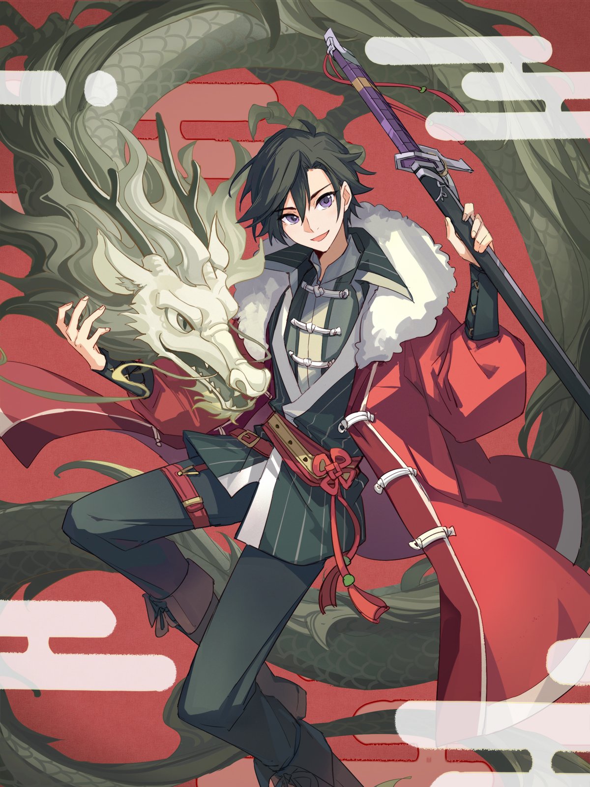1boy belt black_hair black_pants boots brown_footwear chinese_zodiac clouds coat commentary_request dragon eastern_dragon eiyuu_densetsu fangs feet_out_of_frame feng_you fur-trimmed_coat fur_trim grey_eyes highres holding holding_sword holding_weapon horns male_focus new_year nostrils open_mouth pants rean_schwarzer red_background red_coat scales sen_no_kiseki sen_no_kiseki_ii sharp_teeth short_hair slit_pupils smile solo sword teeth violet_eyes weapon year_of_the_dragon