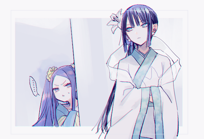... 2girls black_hair blue_eyes border chinese_clothes closed_mouth cowboy_shot earrings fate/grand_order fate_(series) flower furrowed_brow hagoromo hair_flower hair_ornament hands_in_opposite_sleeves hanfu jewelry jing_ke_(fate) kanitama_(putyourhead) long_hair looking_at_another multiple_girls parted_bangs parted_lips ponytail purple_hair shawl spoken_ellipsis white_border white_flower wide_sleeves wu_zetian_(fate)