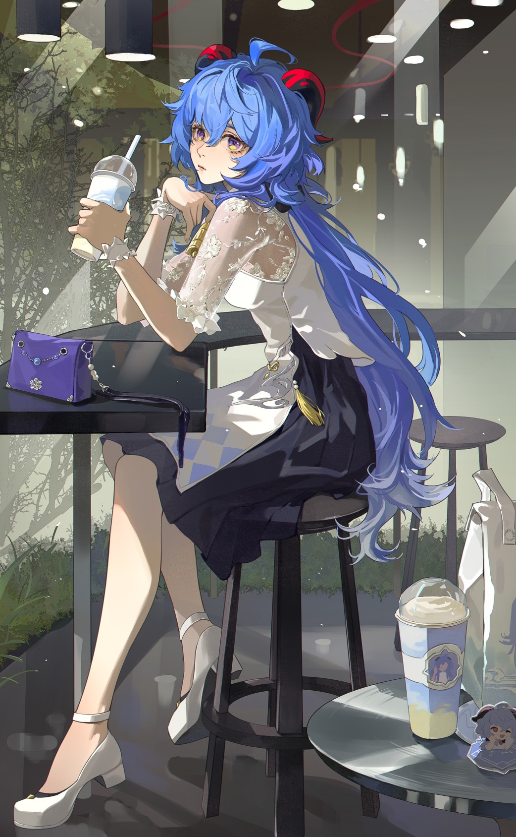 1girl ahoge anklet bar_stool bell black_skirt blue_hair cafe closed_mouth cup disposable_cup dress drinking_straw elbows_on_table from_side full_body ganyu_(genshin_impact) ganyu_(heytea)_(genshin_impact) genshin_impact glass goat_horns grass hanging_light highres holding holding_cup horns indoors jewelry long_hair looking_to_the_side medium_skirt neck_bell official_alternate_costume on_stool plant purple_bag royan see-through see-through_sleeves short_sleeves sitting skirt solo stool violet_eyes white_bag white_dress white_footwear wrist_cuffs