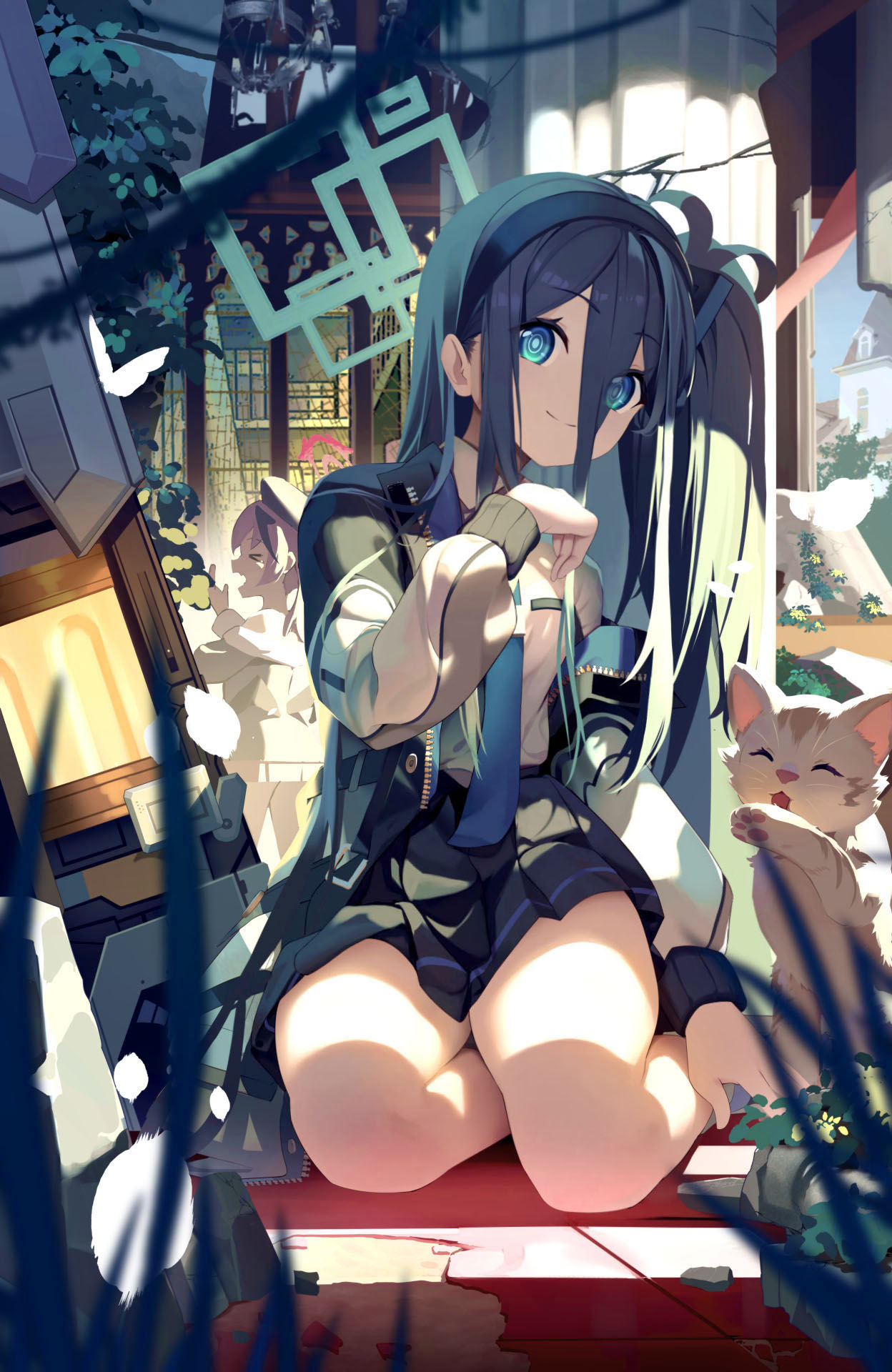 2girls absurdly_long_hair animal aqua_halo aris_(blue_archive) black_hair black_hairband black_skirt blue_archive blue_eyes blue_necktie cat closed_mouth dalian_(1457091741) hairband halo highres jacket koharu_(blue_archive) long_hair multiple_girls necktie one_side_up open_clothes open_jacket pink_hair pleated_skirt revision ringed_eyes shirt skirt smile very_long_hair white_jacket white_shirt