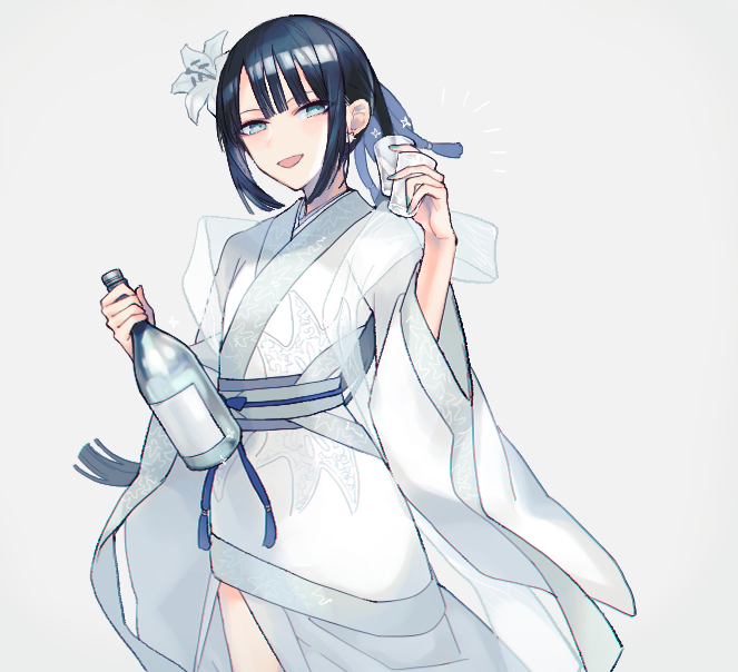 1girl black_hair blue_eyes blunt_bangs bottle chinese_clothes cup drinking_glass earrings fate/grand_order fate_(series) flower glass_bottle hagoromo hair_flower hair_ornament hanfu holding holding_bottle holding_cup jewelry jing_ke_(fate) kanitama_(putyourhead) long_hair long_sleeves looking_at_viewer open_mouth ponytail sash shawl shot_glass sidelocks simple_background smile solo white_background white_flower wide_sleeves