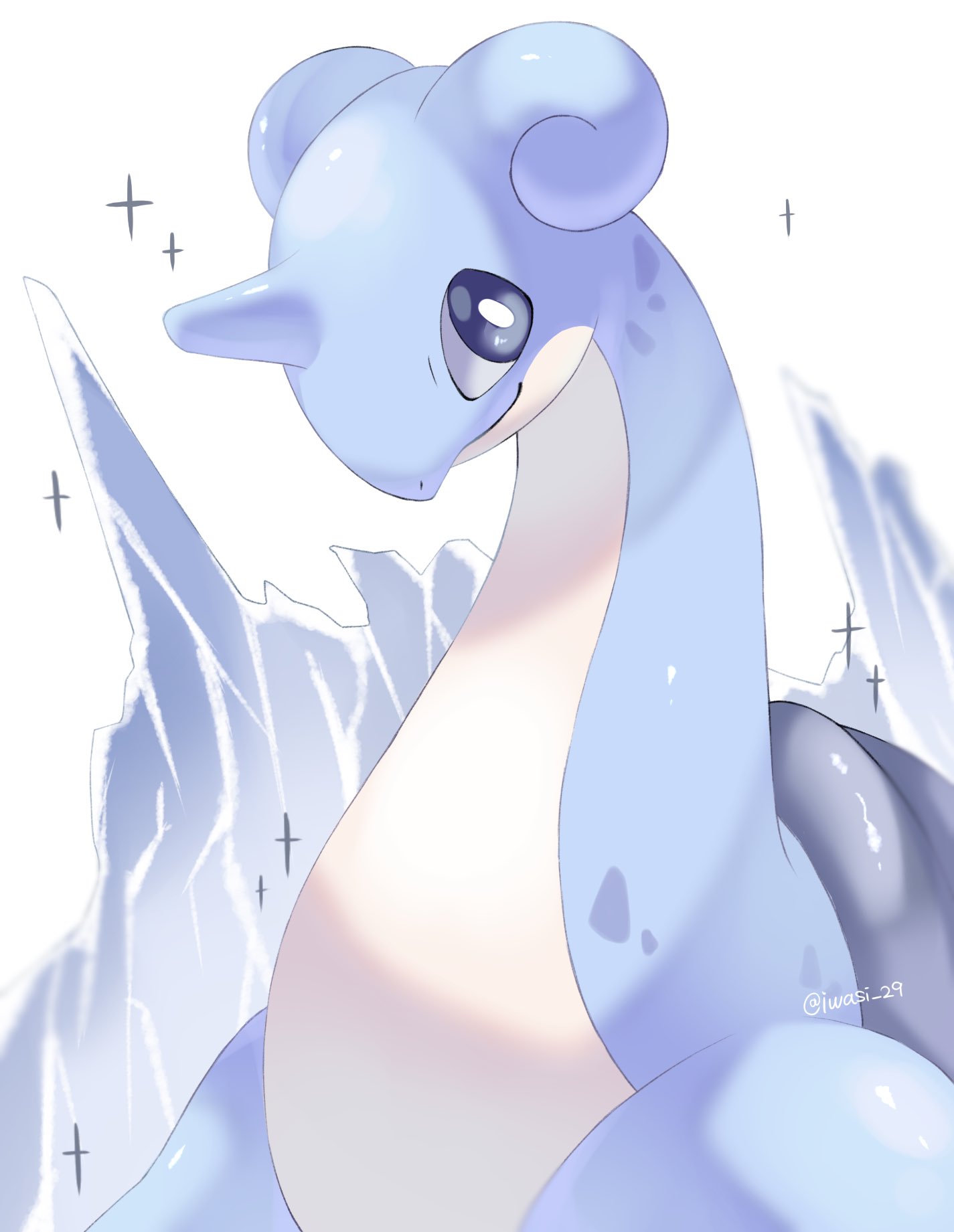 animal_focus artist_name blue_eyes blue_skin closed_mouth colored_skin commentary_request highres horns iwasi_29 lapras no_humans pokemon pokemon_(creature) shell simple_background single_horn sparkle twitter_username white_background