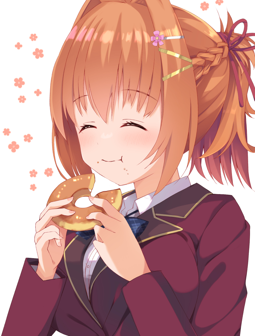 1girl :t ^_^ blush braid breasts cafe_stella_to_shinigami_no_chou closed_eyes closed_mouth collared_shirt commentary doughnut eating flower food food_on_face french_braid hair_between_eyes hair_intakes hair_ribbon hands_up happy holding holding_food jacket large_breasts long_sleeves medium_hair minase_kaya orange_hair pink_flower red_jacket red_ribbon ribbon school_uniform shirt short_ponytail simple_background solo sumizome_nozomi symbol-only_commentary upper_body white_background white_shirt