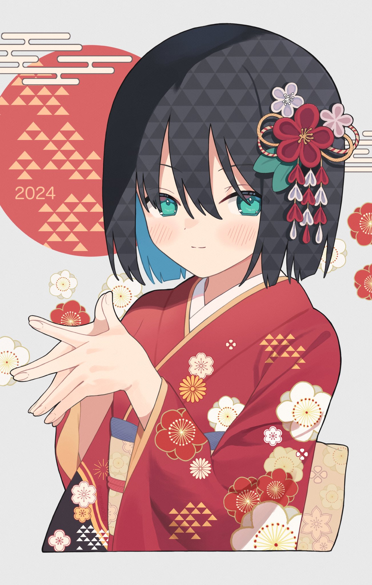 1girl 2024 black_hair blue_eyes blue_hair blush closed_mouth commentary_request egasumi floral_background floral_print flower grey_background hair_flower hair_ornament hands_up highres japanese_clothes kimono long_sleeves looking_at_viewer multicolored_hair nirareba obi original print_kimono red_flower red_kimono sash smile solo steepled_fingers two-tone_hair upper_body white_flower wide_sleeves