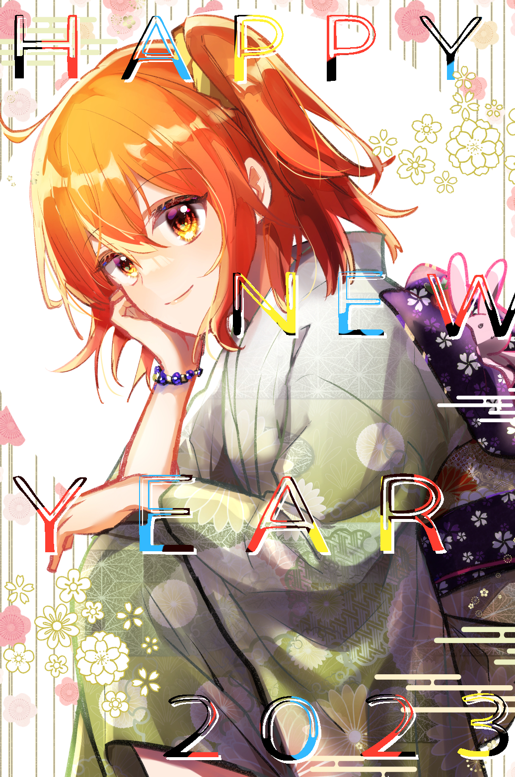 1girl 2023 bracelet closed_mouth fate/grand_order fate_(series) floral_print fujimaru_ritsuka_(female) green_kimono hair_between_eyes hand_on_own_cheek hand_on_own_face happy_new_year highres japanese_clothes jewelry kimono long_hair long_sleeves mitsubachi82 orange_hair print_kimono side_ponytail smile solo squatting yellow_eyes
