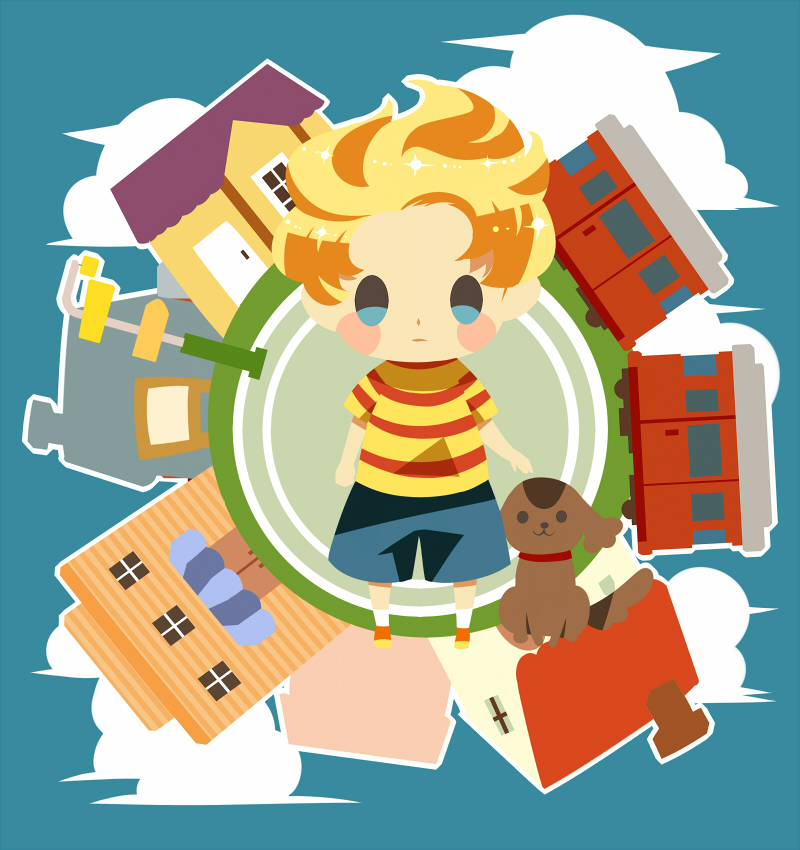 1boy arms_at_sides blonde_hair blue_background blue_eyes blue_shorts blush_stickers boney boxcar brown_dog closed_mouth clouds full_body hitofutarai house looking_at_viewer lucas_(mother_3) male_focus mother_(game) mother_3 road_sign shirt shorts sign solid_oval_eyes solo striped striped_shirt