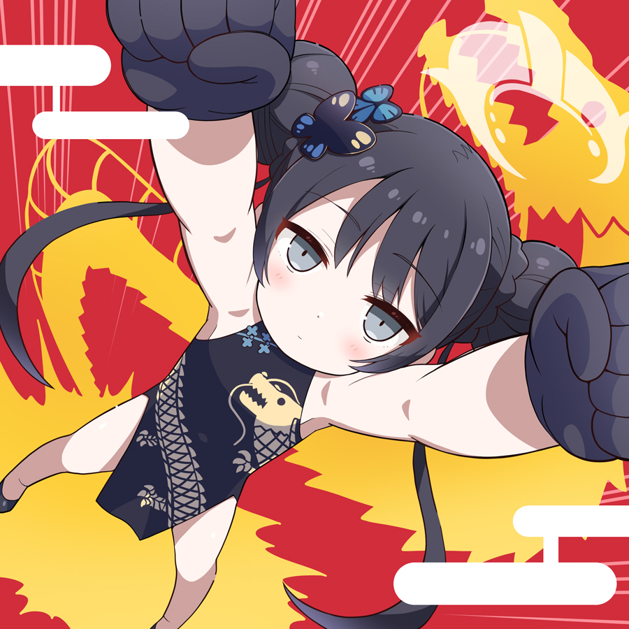 1girl armpits arms_up black_dress black_gloves black_hair blue_archive butterfly_hair_ornament china_dress chinese_clothes commentary_request double_bun dress from_above gloves grey_eyes hair_between_eyes hair_bun hair_ornament halo kisaki_(blue_archive) long_hair looking_at_viewer looking_up pelvic_curtain print_dress raised_fist sidelocks simple_background solo spread_legs stretching twintails yuuma_(skirthike)