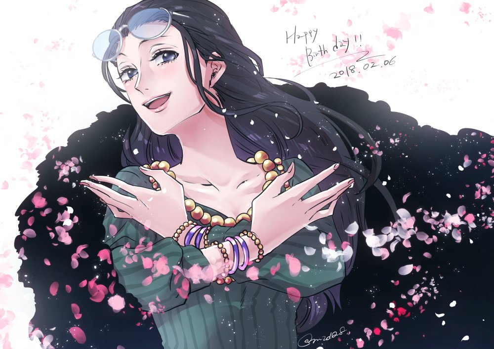 1girl black_coat black_hair blue_eyes bracelet coat commentary_request crossed_arms dated dress eyewear_on_head green_dress hair_slicked_back happy_birthday jewelry long_hair looking_at_viewer matsuda_(louol) necklace nico_robin one_piece petals sidelocks simple_background smile solo striped striped_dress vertical-striped_dress vertical_stripes