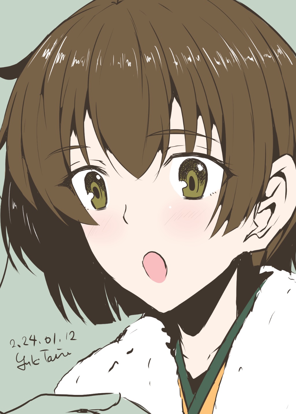 1girl alternate_costume artist_name brown_eyes brown_hair dated fur-trimmed_kimono fur_trim grey_background highres hiryuu_(kancolle) japanese_clothes kantai_collection kimono open_mouth short_hair simple_background solo taira_yuuki upper_body