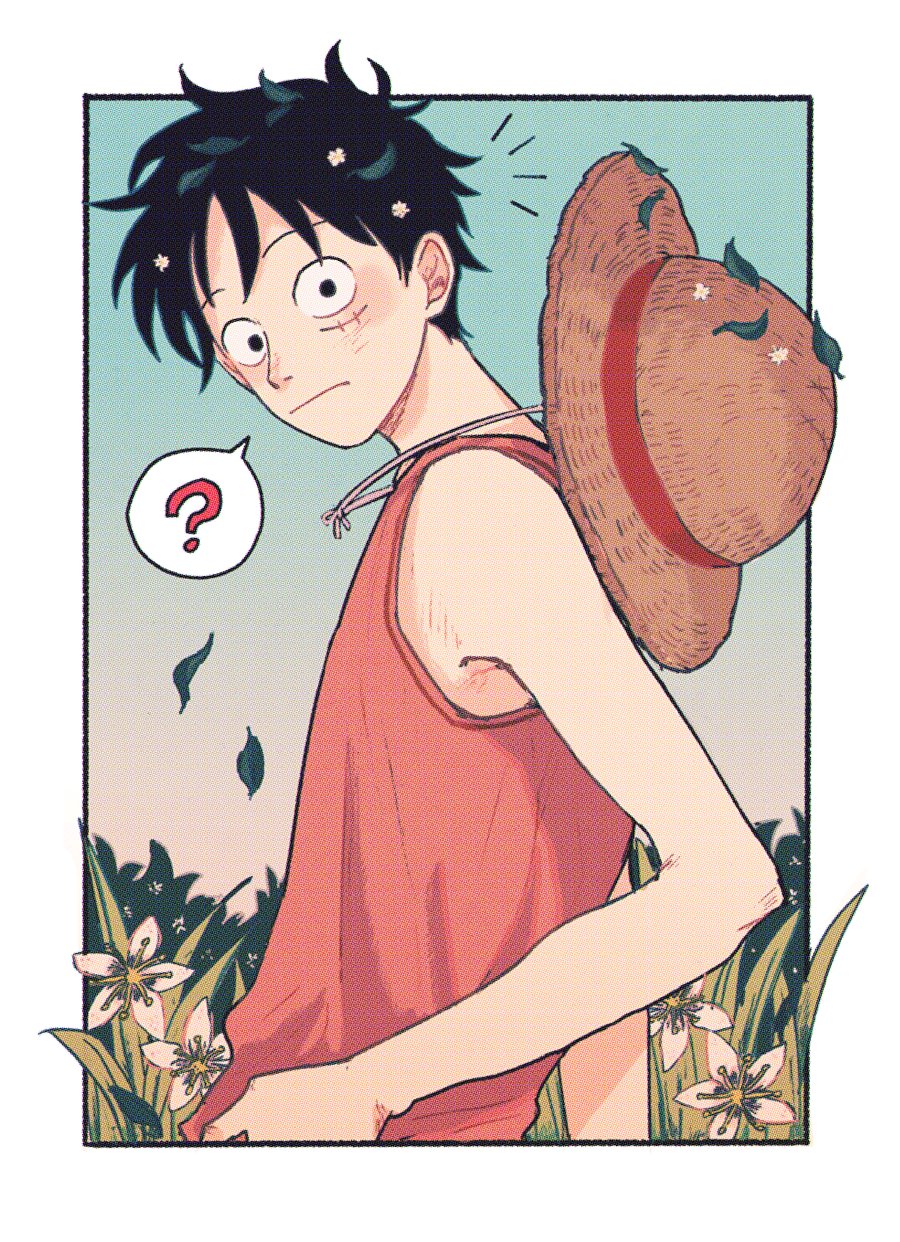 1boy ? black_hair blue_sky border closed_mouth commentary flower gradient_sky grass hat hat_on_back highres leaf looking_at_viewer looking_back male_focus monkey_d._luffy one_piece outdoors outside_border red_shirt shirt short_hair silver_mssk sky solo spoken_question_mark stitches straw_hat symbol-only_commentary white_border white_flower