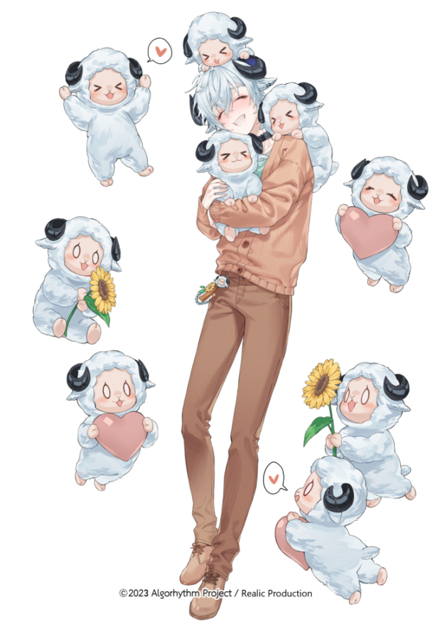 1boy 6+others algorhythm_project baabel_(algorhythm_project) brown_pants brown_sweater closed_eyes copyright_name ethylene_ty horns long_sleeves male_focus multiple_others pants sheep sheep_horns smile solo sweater teeth virtual_youtuber white_hair