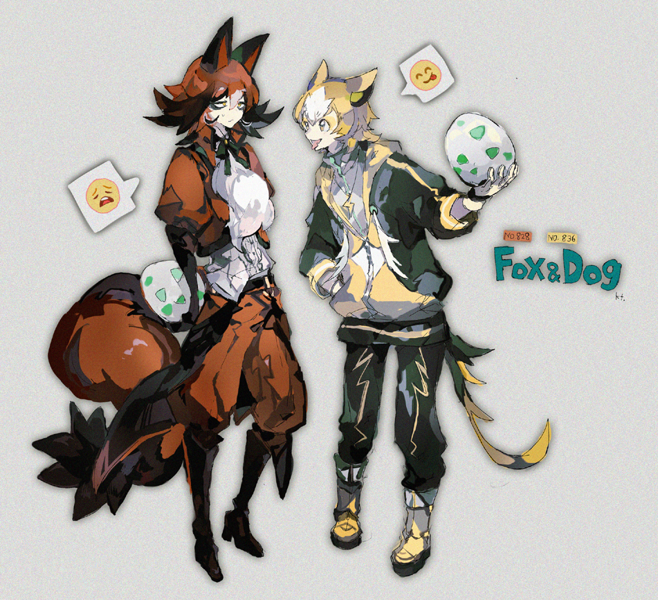 2boys animal_ears bags_under_eyes belt black_footwear black_gloves black_hair black_pants blonde_hair boltund brown_shorts dog_ears egg emoji gloves hair_between_eyes hand_in_pocket holding holding_egg jacket jewelry kantarou_(8kan) lightning_bolt_symbol medium_hair multicolored_hair multiple_boys necklace pants personification pokedex_number pokemon pokemon_egg shorts spoken_expression tail thievul tongue tongue_out two-tone_hair white_gloves yellow_eyes yellow_footwear