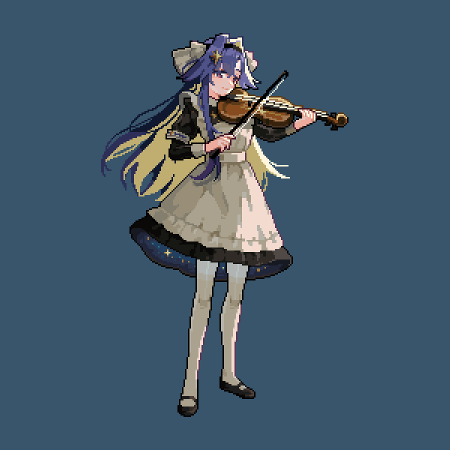 17antares 1girl apron black_dress black_footwear black_hairband blonde_hair blue_background blue_eyes blue_hair bow_(music) closed_mouth colored_inner_hair dress frilled_apron frills full_body hair_intakes hair_ornament hairband holding holding_bow_(music) holding_instrument holding_violin instrument juliet_sleeves long_hair long_sleeves looking_to_the_side mary_janes multicolored_hair music pantyhose pixel_art playing_instrument puffy_sleeves reverse:1999 school_uniform shoes short_dress smile solo soviet_school_uniform standing star_(symbol) star_hair_ornament starry_sky_print violin voyager_(reverse:1999) white_apron white_pantyhose