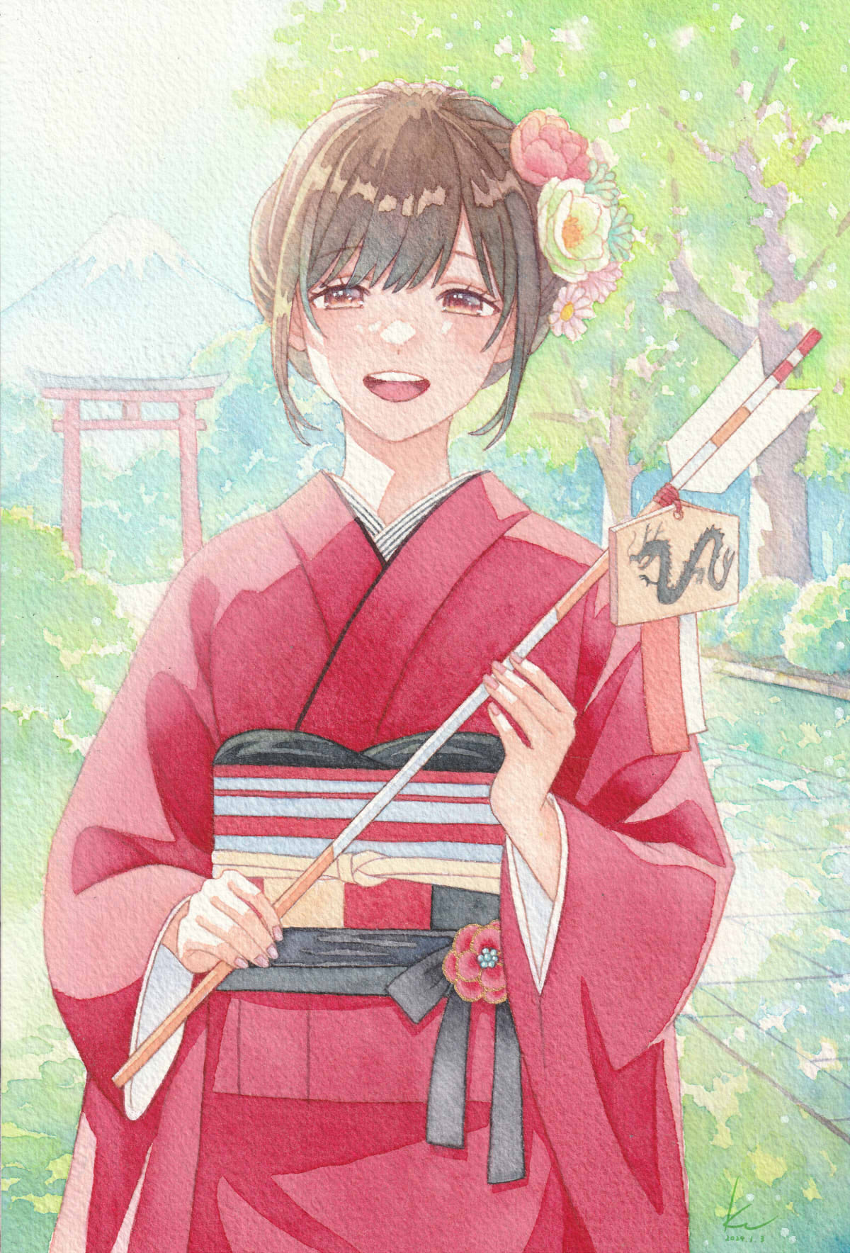 1girl arrow_(projectile) brown_eyes brown_hair day dragon flower hair_flower hair_ornament hamaya highres holding holding_arrow japanese_clothes k.nishiyama kimono long_sleeves looking_at_viewer nail_polish open_mouth original outdoors painting_(medium) sky smile solo torii traditional_media tree watercolor_(medium) wide_sleeves