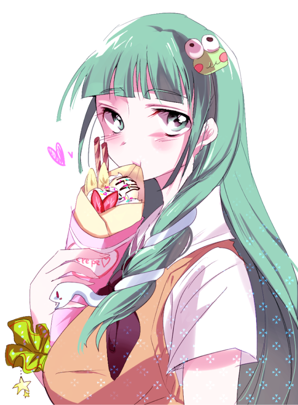 1girl alternate_costume black_neckerchief blunt_bangs blush breasts brown_vest collared_shirt commentary_request crepe eating food frog_hair_ornament from_side green_eyes green_hair green_scrunchie hair_ornament heart kochiya_sanae large_breasts long_hair looking_at_viewer neckerchief scrunchie shirt short_sleeves single_sidelock snake_hair_ornament solo tannkobuiwa touhou upper_body vest white_background white_shirt wrist_scrunchie