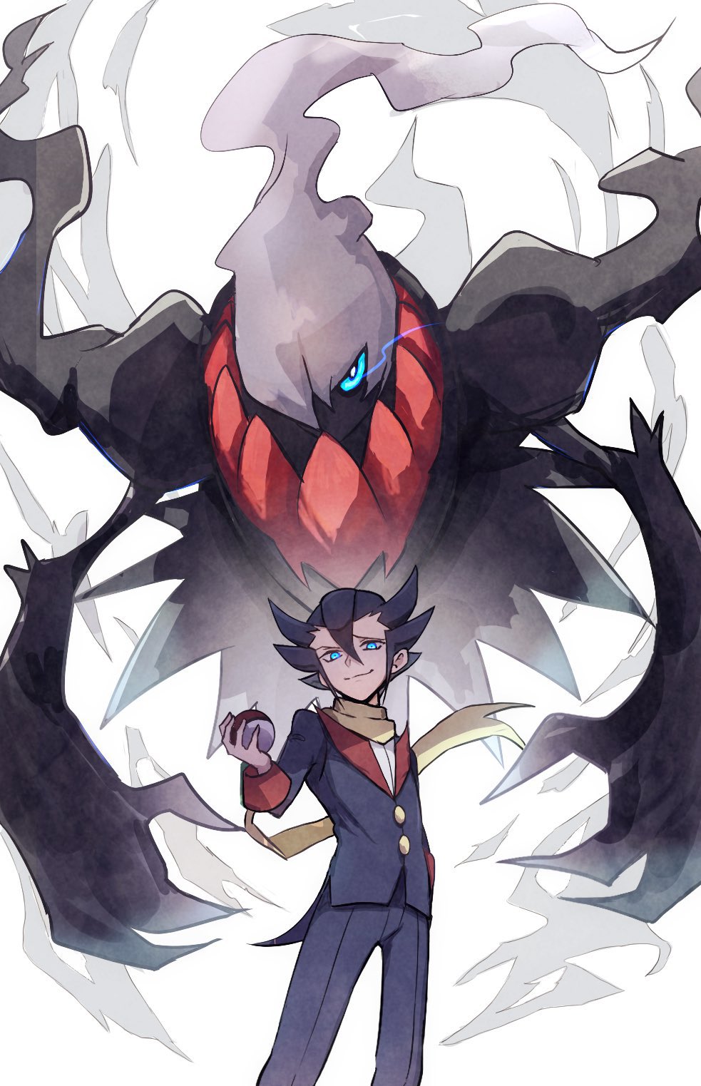 1boy black_skin blue_eyes blue_hair blue_pants blue_suit claws closed_mouth colored_skin commentary_request darkrai feet_out_of_frame floating grimsley_(pokemon) highres holding holding_poke_ball pants poke_ball pokemon pokemon_(creature) pokemon_bw scarf short_hair smile standing suit tataki_317 white_hair yellow_scarf