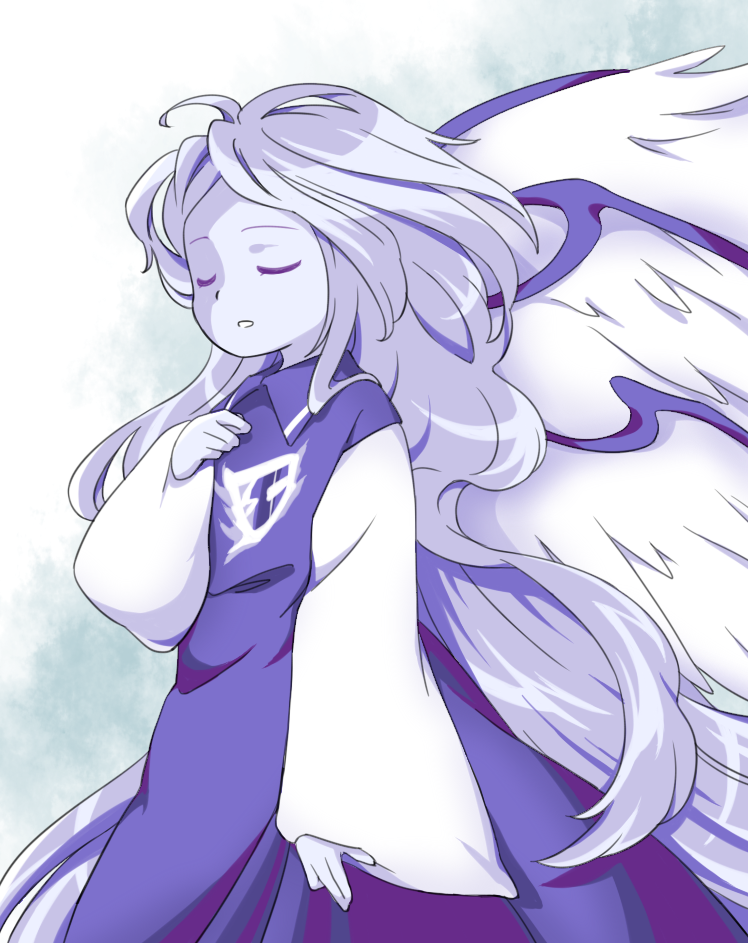 1girl blue_dress blue_skin closed_eyes collared_dress colored_skin dress feathered_wings hand_on_own_chest hand_up long_hair long_sleeves multiple_wings nonamejd official_style open_mouth sariel_(touhou) solo touhou touhou_(pc-98) very_long_hair white_hair white_wings wide_sleeves wings zun_(style)